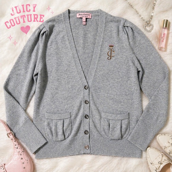 Juicy Couture Sweaters - Juicy Couture Y2K Cardigan Gray Puff Sleeve Crown Logo Preppy Cozy L Balletcore